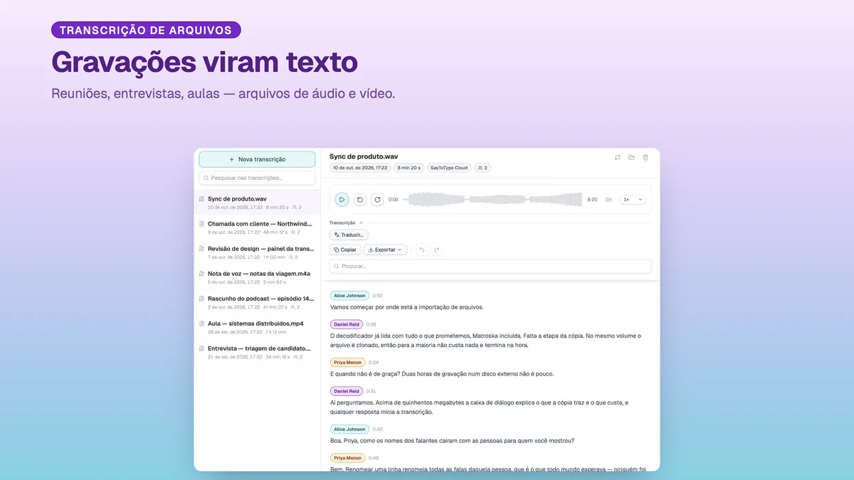 Janela de transcrição do SayToType com a biblioteca de gravações transcritas