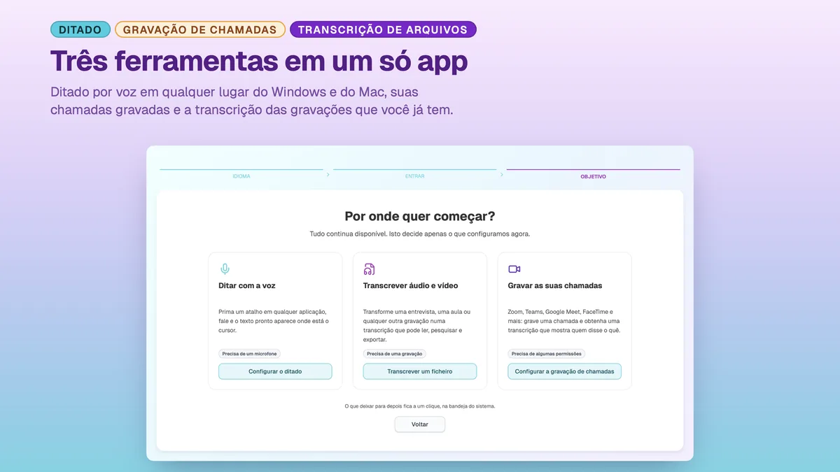 SayToType: escolher entre o ditado por voz, a gravação de chamadas e a transcrição de ficheiros