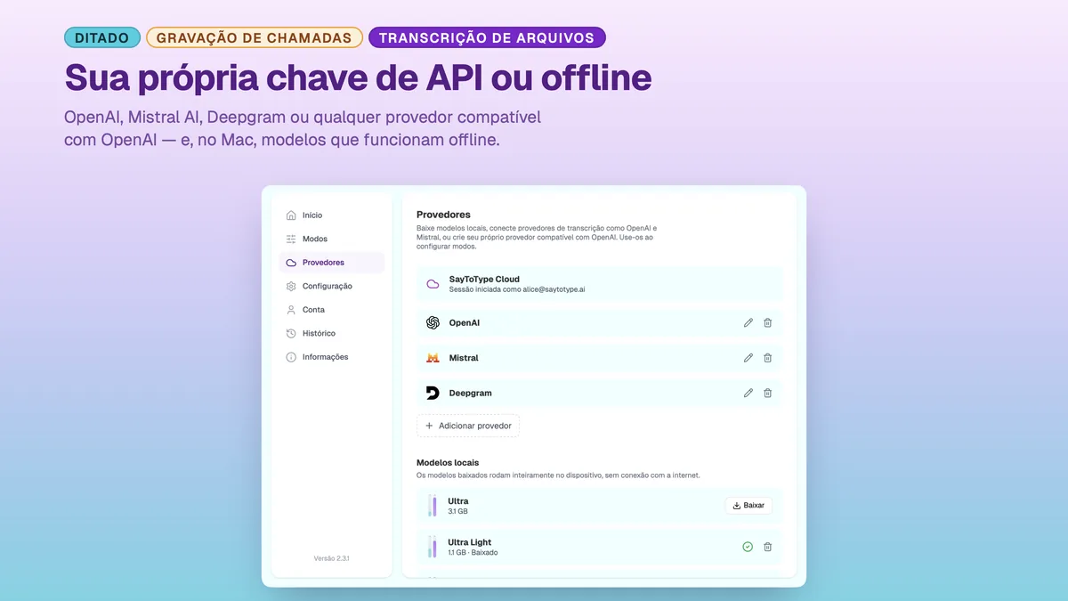 Definições de provedores do SayToType com OpenAI, Mistral e Deepgram ligados