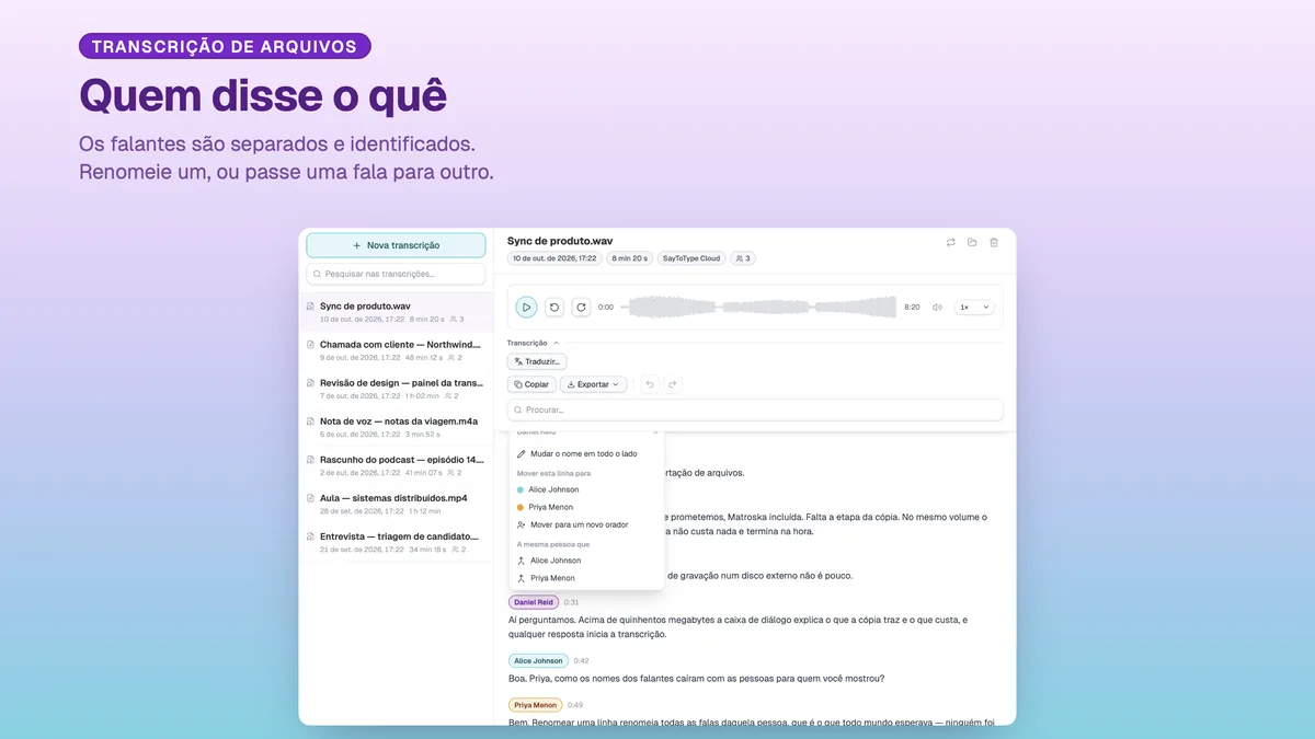 Identificação de falantes numa transcrição do SayToType, com o menu para renomear