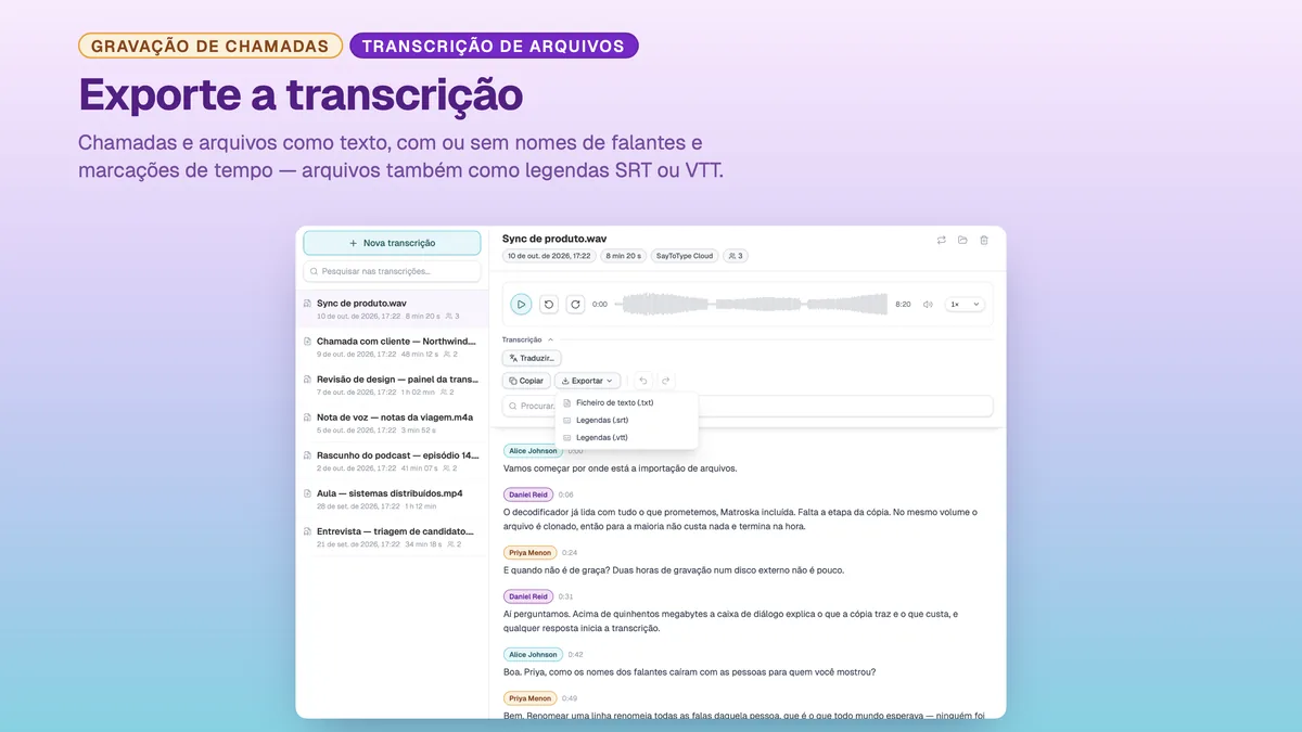 Menu de exportação do SayToType: transcrição em TXT, SRT ou VTT