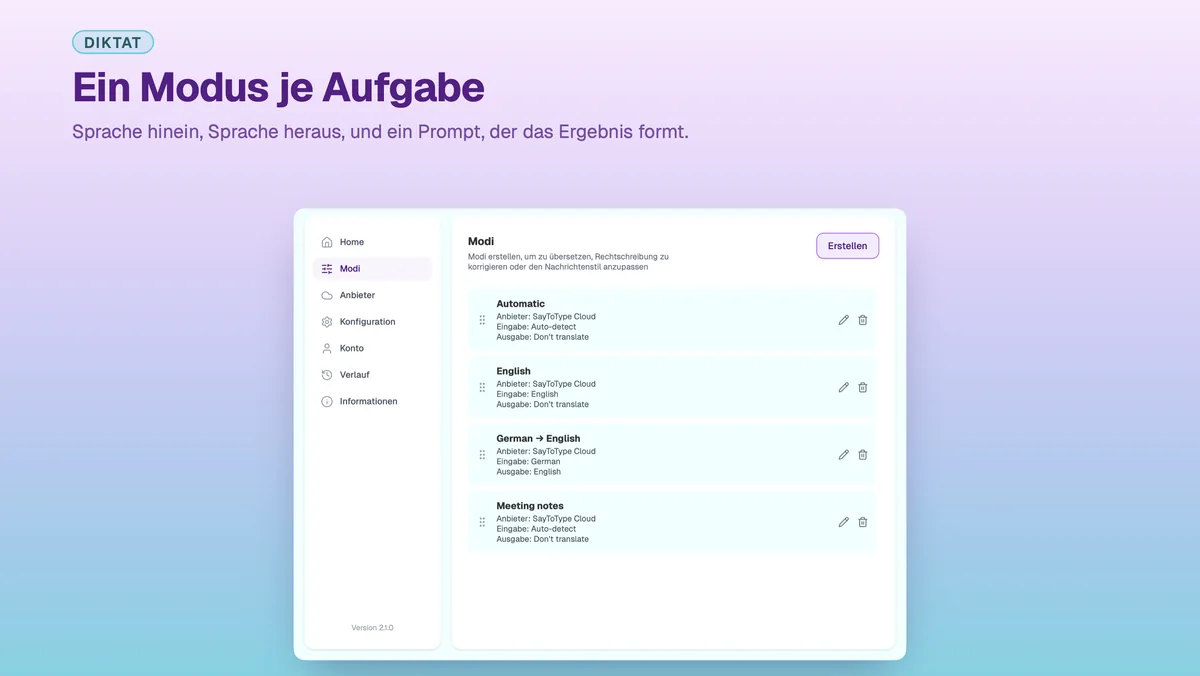 SayToType-Einstellungen zum Anlegen eines eigenen Diktier-Modus