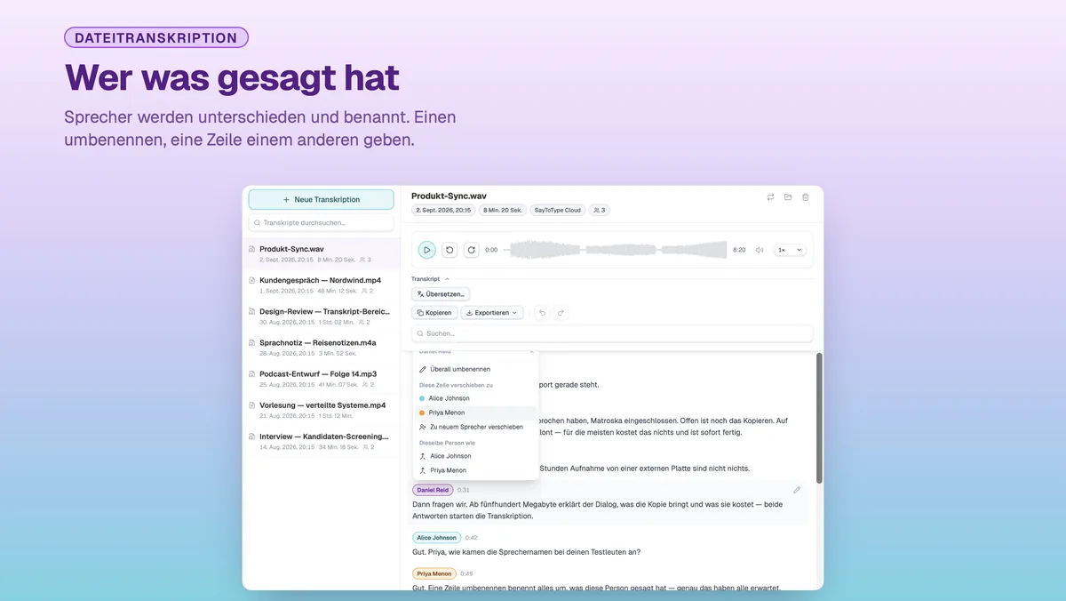 Sprechernamen in einem SayToType-Transkript, mit geöffnetem Menü zum Umbenennen
