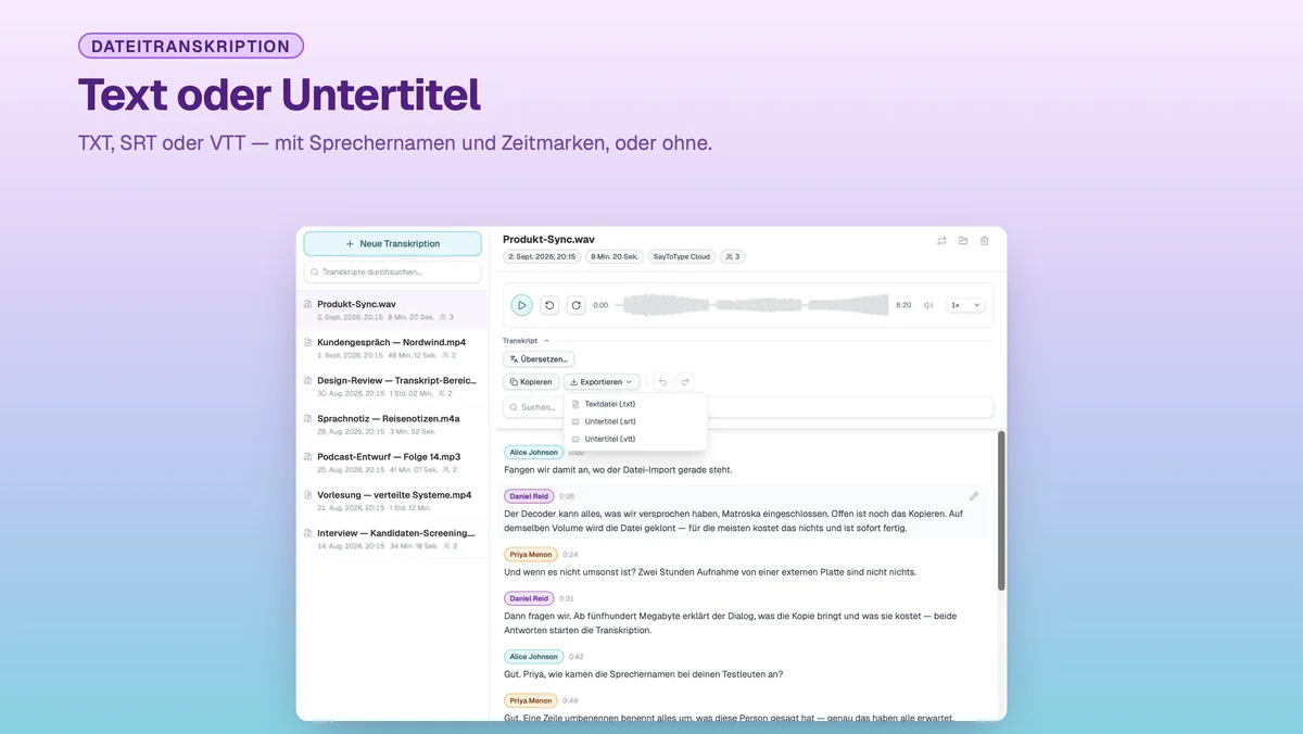 SayToType-Exportmenü: Transkript als TXT, SRT oder VTT