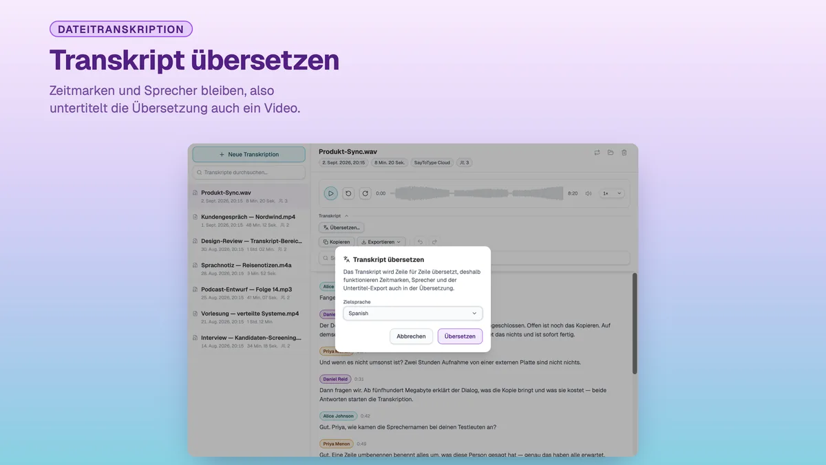 SayToType-Dialog zum Übersetzen eines fertigen Transkripts in eine andere Sprache