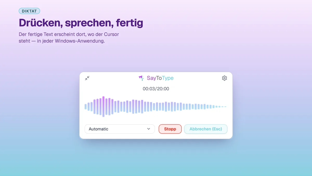 SayToType fügt diktierten Text in die Anwendung im Vordergrund ein