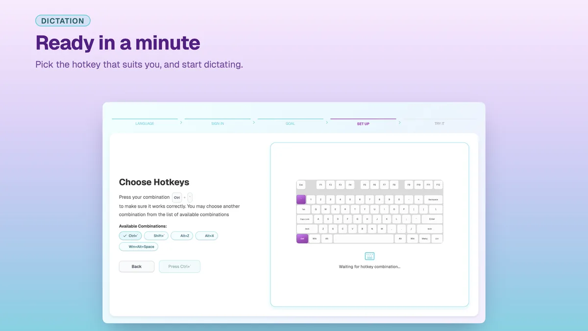 SayToType onboarding: choosing a dictation hotkey