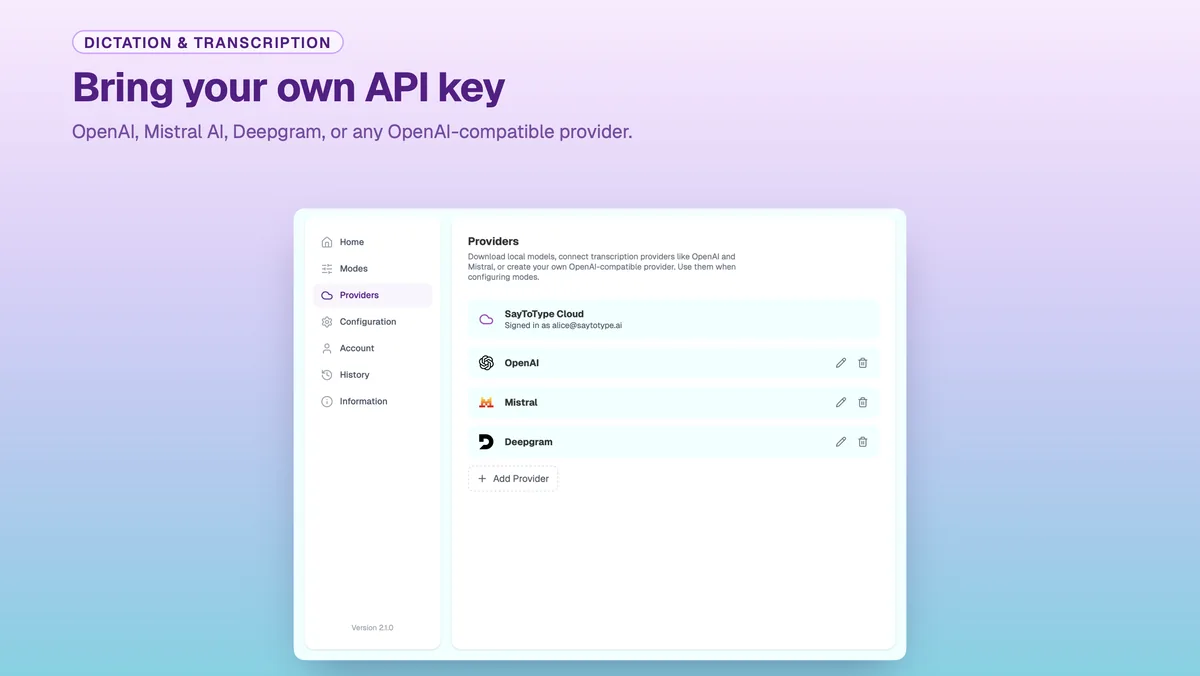 SayToType provider settings with OpenAI, Mistral and Deepgram connected