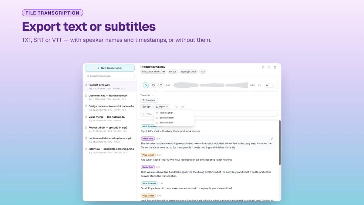 SayToType export menu: transcript as TXT, SRT or VTT subtitles