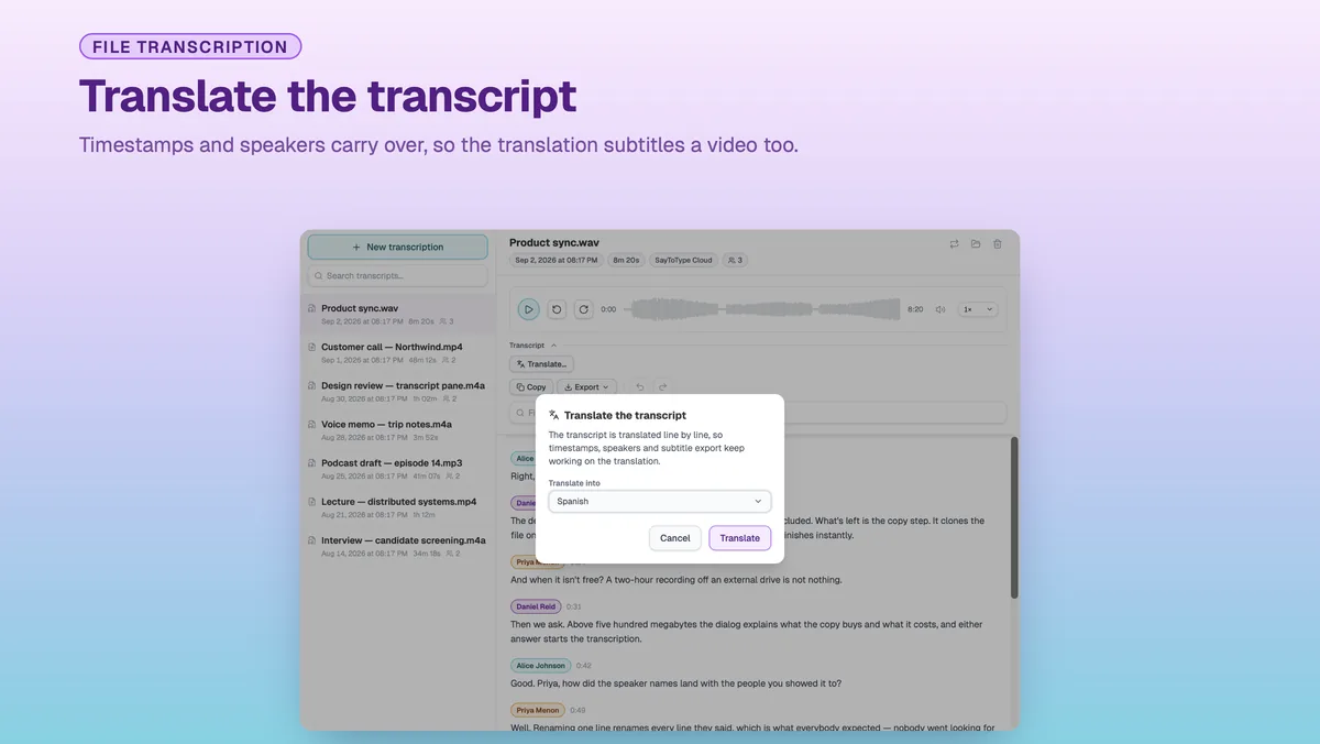 SayToType dialog for translating a finished transcript into another language