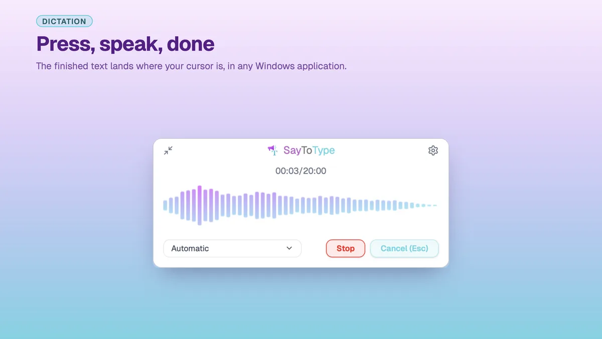 SayToType recording window with a live waveform during voice dictation