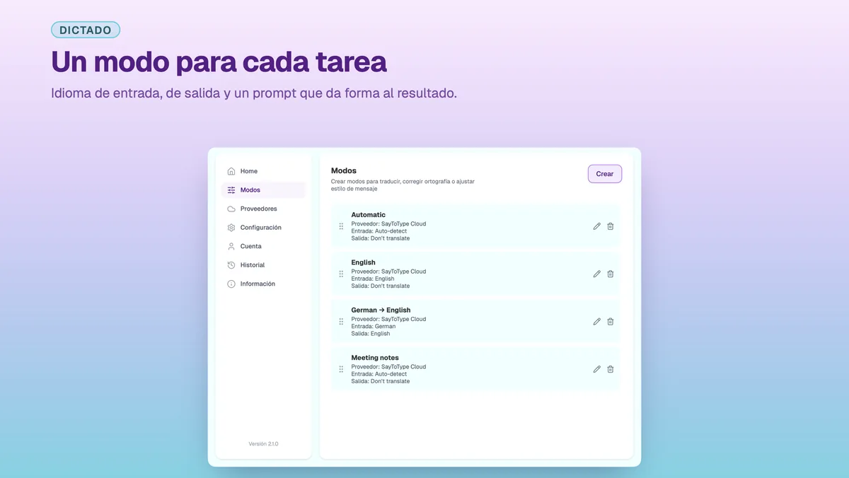 Ajustes de SayToType para crear un modo de dictado personalizado