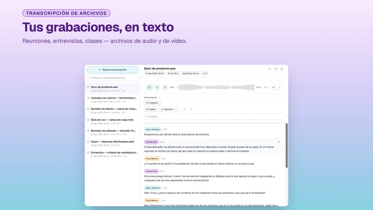 Ventana de transcripción de SayToType con una biblioteca de grabaciones transcritas