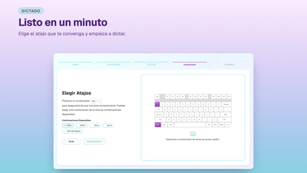 Pantalla de ajustes de SayToType para elegir el atajo de dictado
