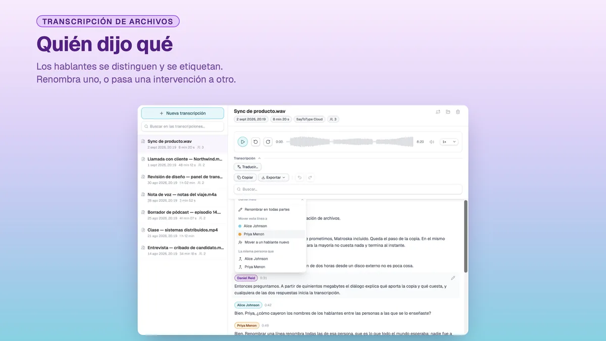 Etiquetas de hablantes en una transcripción de SayToType, con el menú de renombrado abierto
