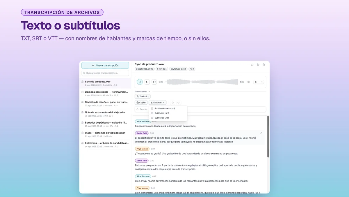 Menú de exportación de SayToType: transcripción como TXT, SRT o VTT