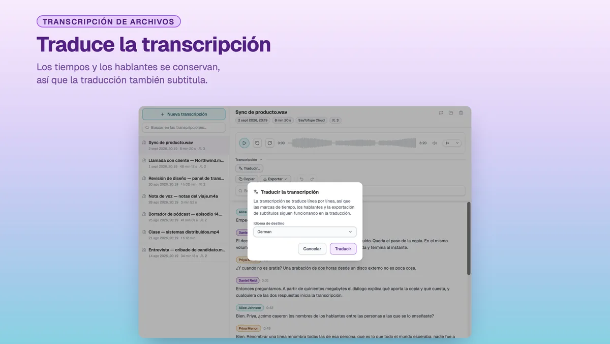 Diálogo de SayToType para traducir una transcripción terminada a otro idioma