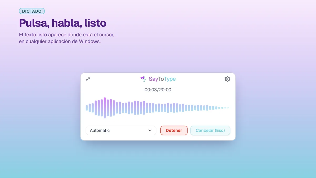 SayToType inserta el texto dictado en la aplicación que está en primer plano