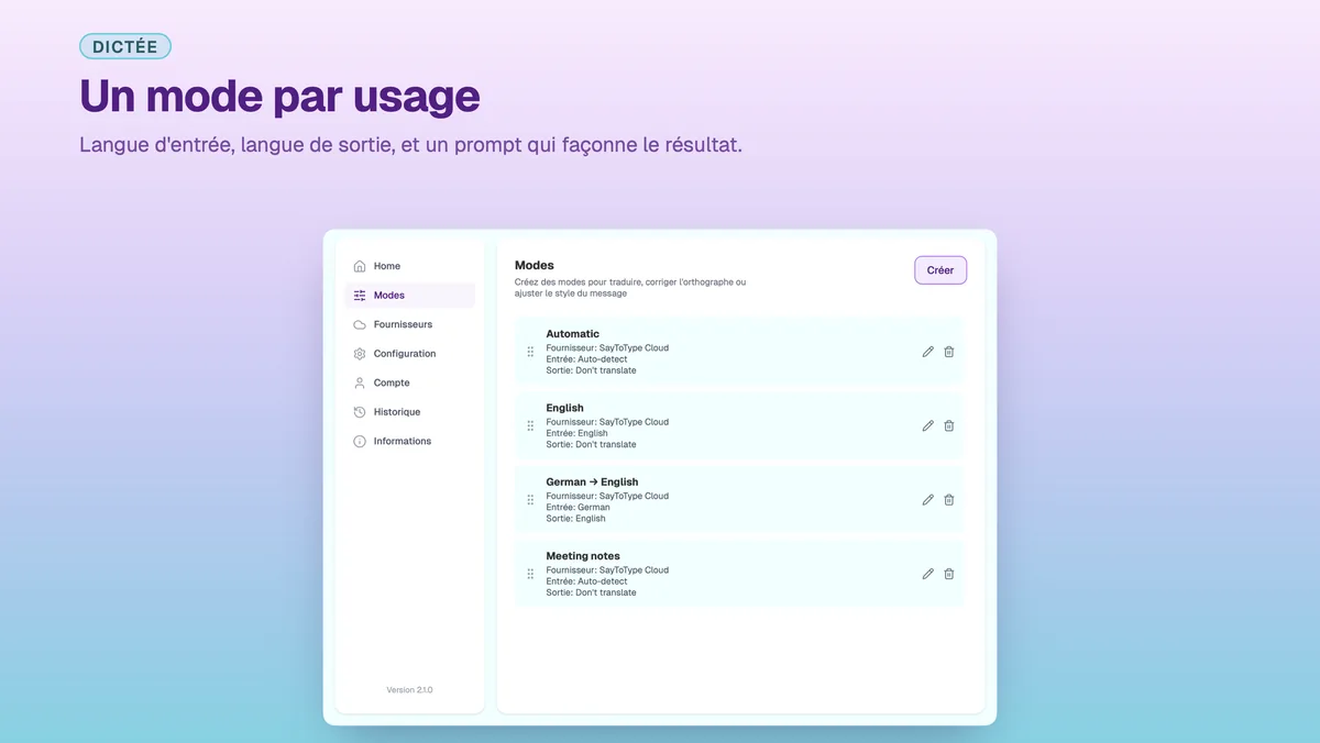 Réglages SayToType pour créer un mode de dictée personnalisé