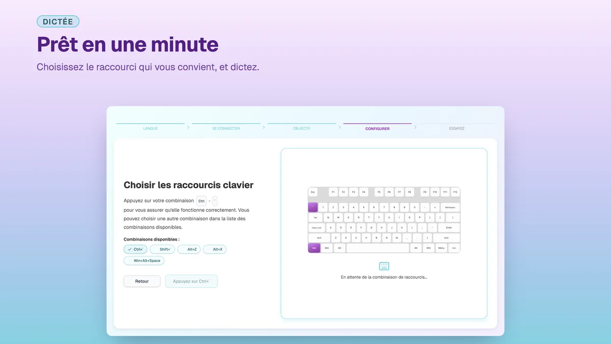 Écran de réglages SayToType pour choisir le raccourci de dictée