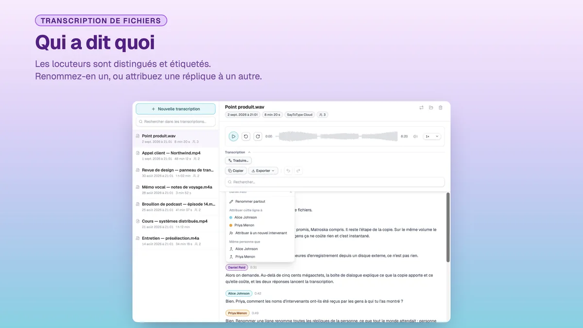 Étiquettes de locuteurs dans une transcription SayToType, menu de renommage ouvert