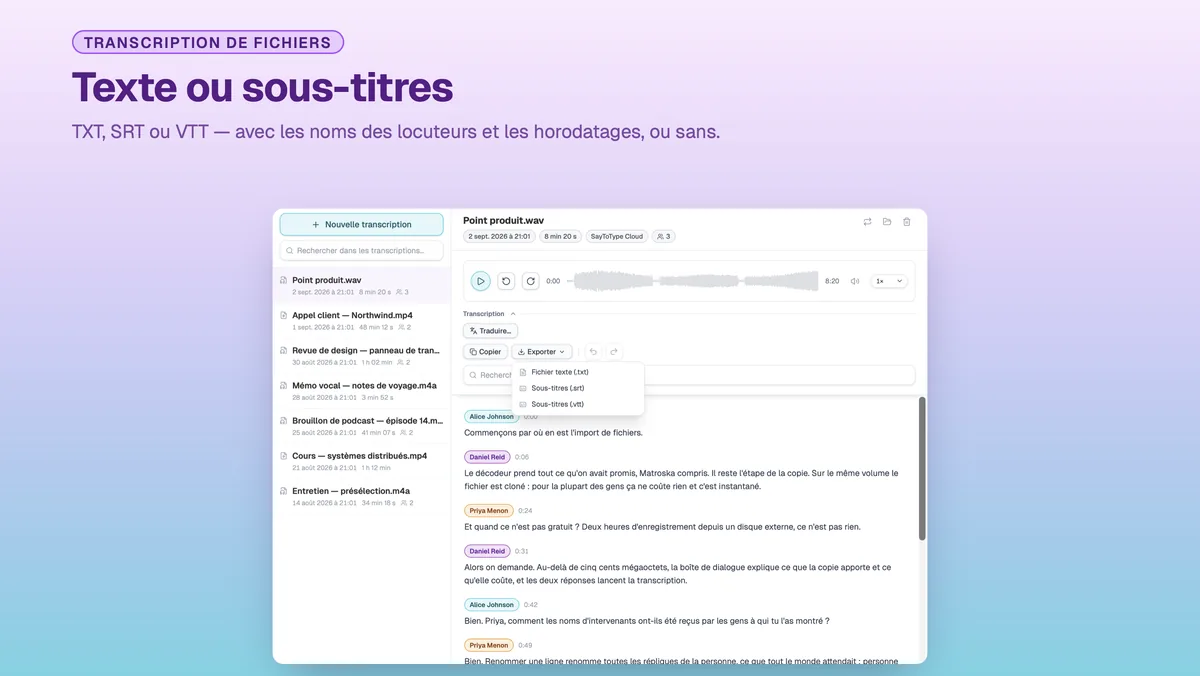 Menu d'export SayToType : transcription en TXT, SRT ou VTT