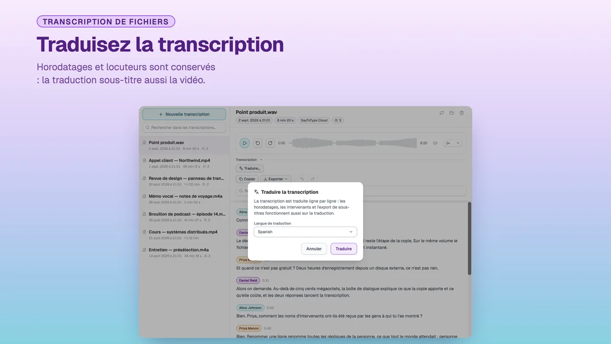 Boîte de dialogue SayToType pour traduire une transcription terminée dans une autre langue
