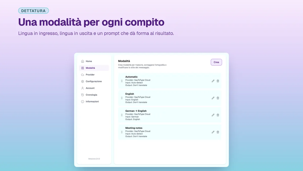 Impostazioni di SayToType per creare una modalità di dettatura personalizzata