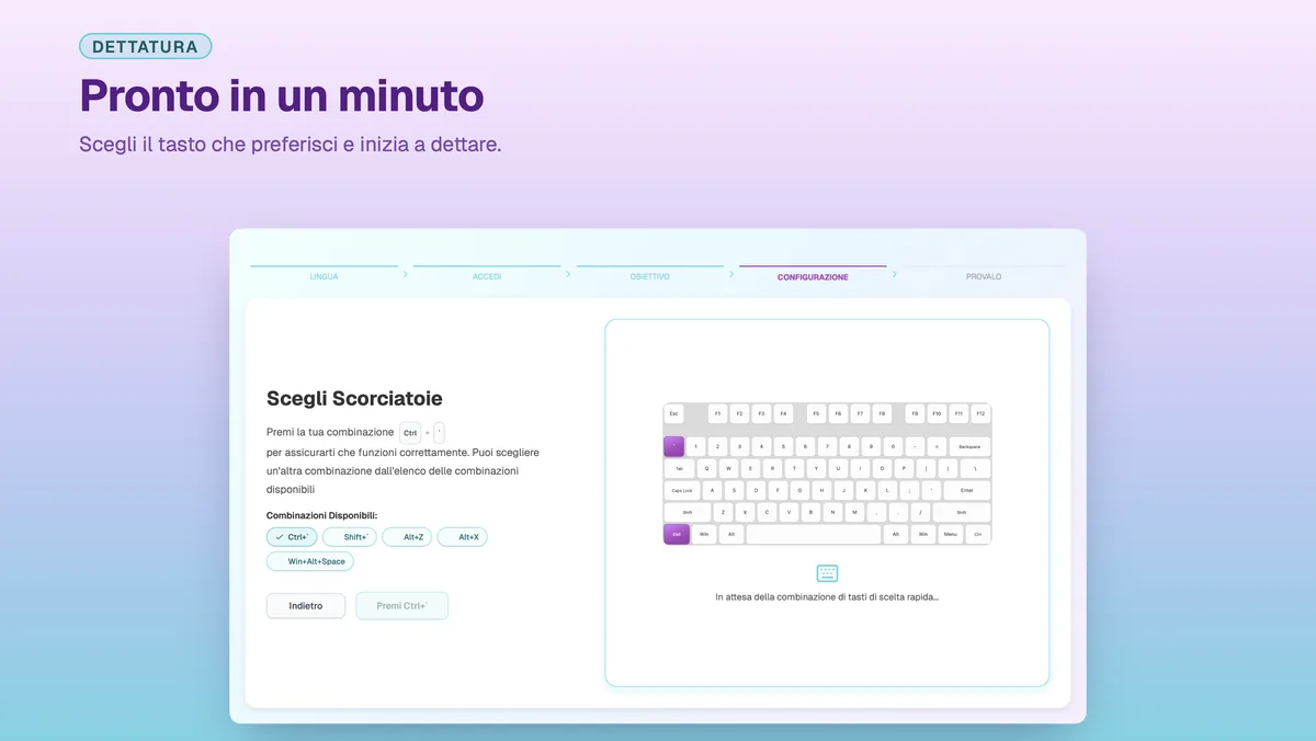 Schermata delle impostazioni di SayToType per scegliere il tasto di dettatura