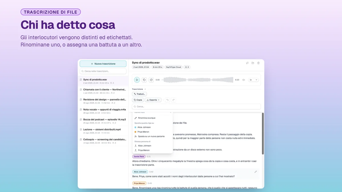 Etichette degli interlocutori in una trascrizione SayToType, con il menu di rinomina aperto