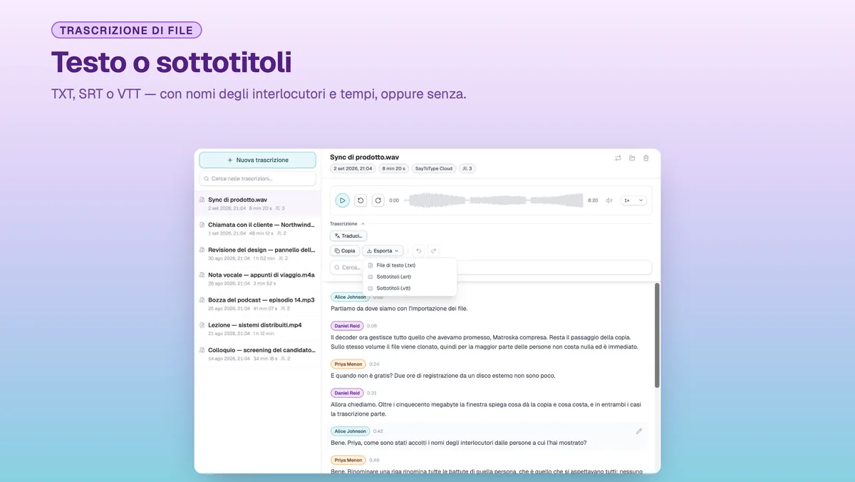 Menu di esportazione di SayToType: trascrizione come TXT, SRT o VTT