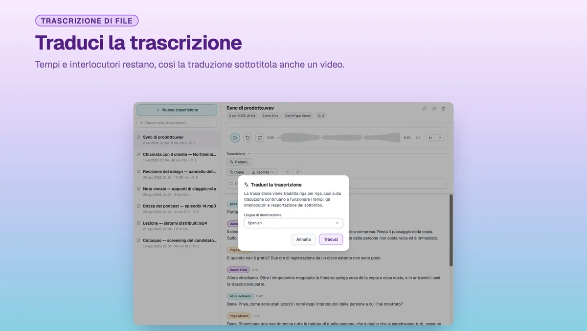 Finestra di SayToType per tradurre una trascrizione finita in un'altra lingua