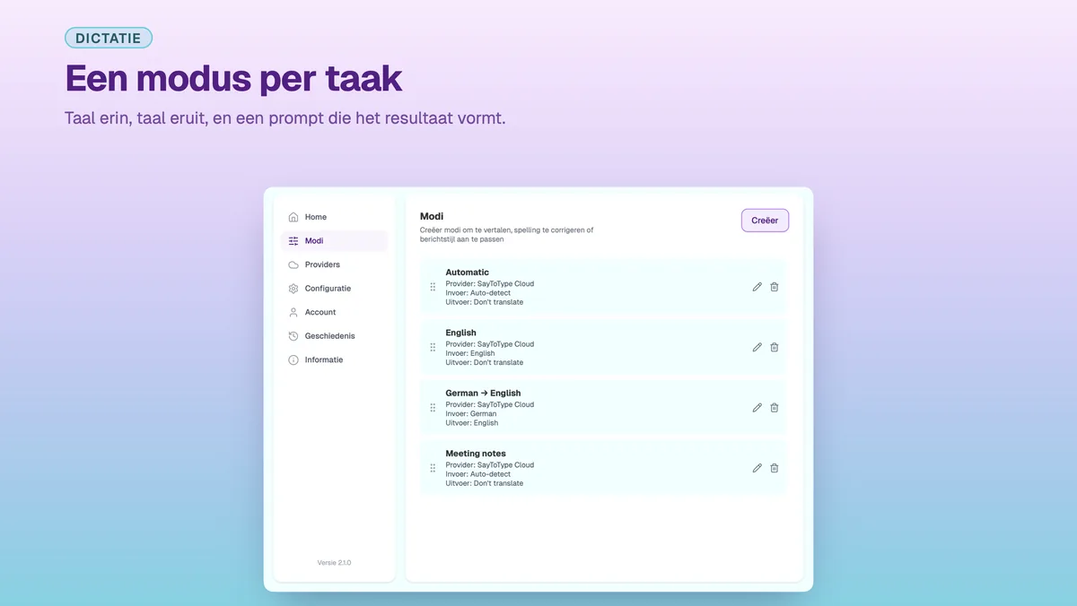 Instellingen van SayToType om een eigen dicteermodus te maken