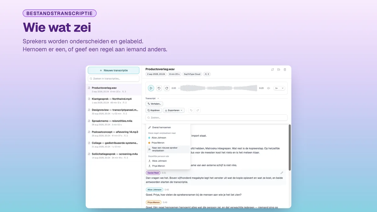 Sprekerslabels in een SayToType-transcriptie, met het hernoemmenu open
