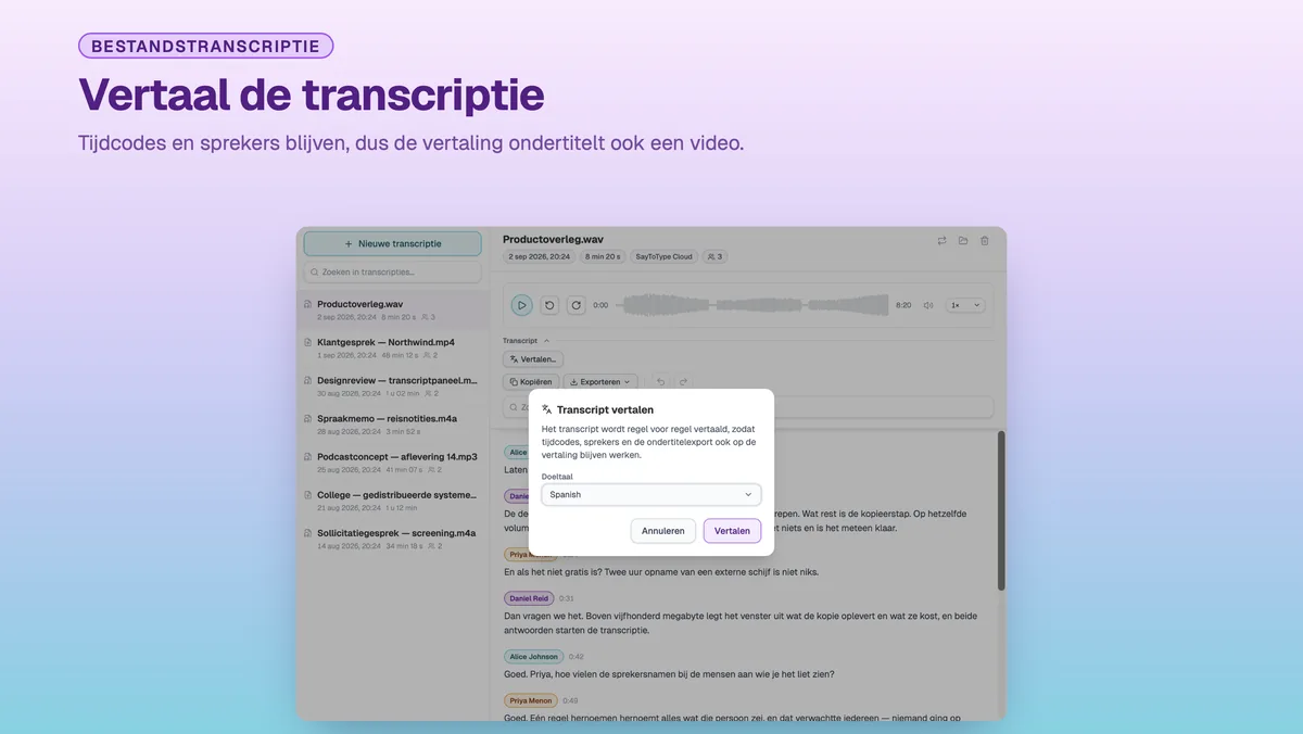 Dialoogvenster van SayToType om een afgeronde transcriptie naar een andere taal te vertalen