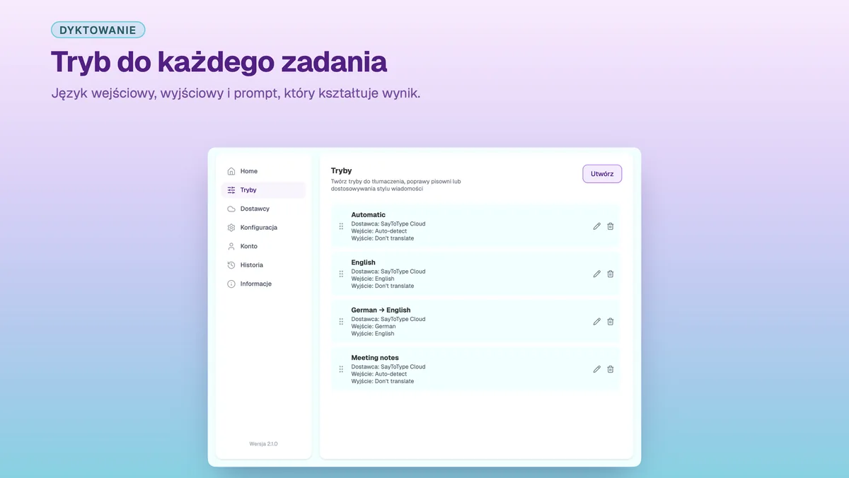 Ustawienia SayToType do stworzenia własnego trybu dyktowania