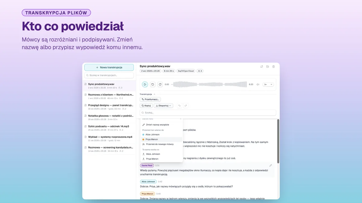 Etykiety mówców w transkrypcji SayToType, z otwartym menu zmiany nazwy