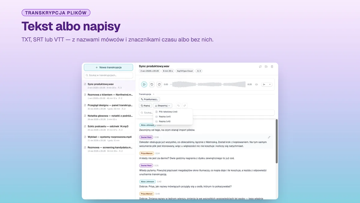 Menu eksportu SayToType: transkrypcja jako TXT, SRT albo VTT