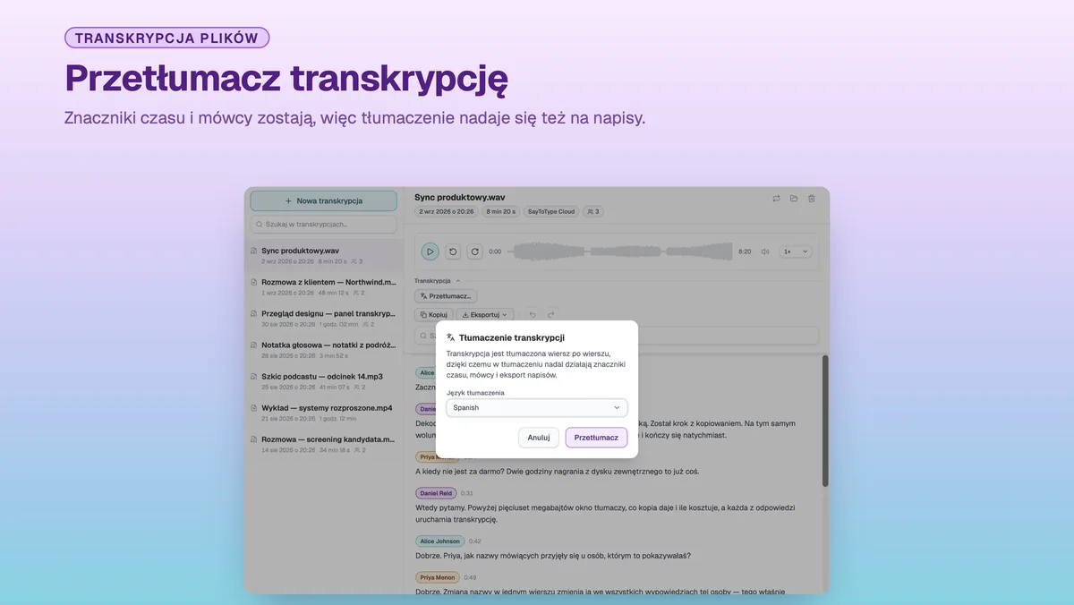 Okno SayToType do przetłumaczenia gotowej transkrypcji na inny język