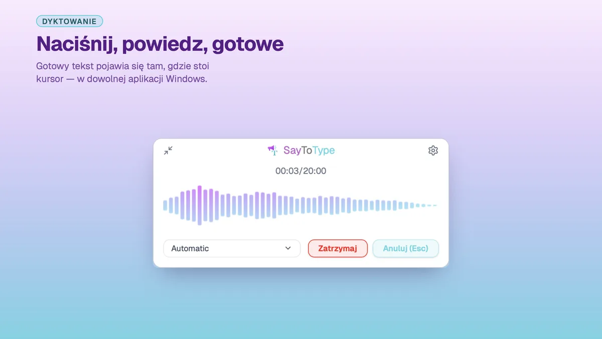 SayToType wstawia podyktowany tekst do aplikacji na pierwszym planie