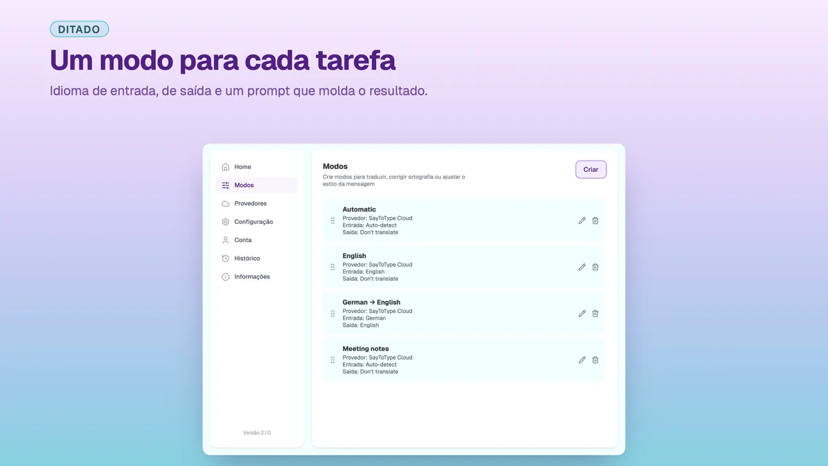 Definições do SayToType para criar um modo de ditado personalizado