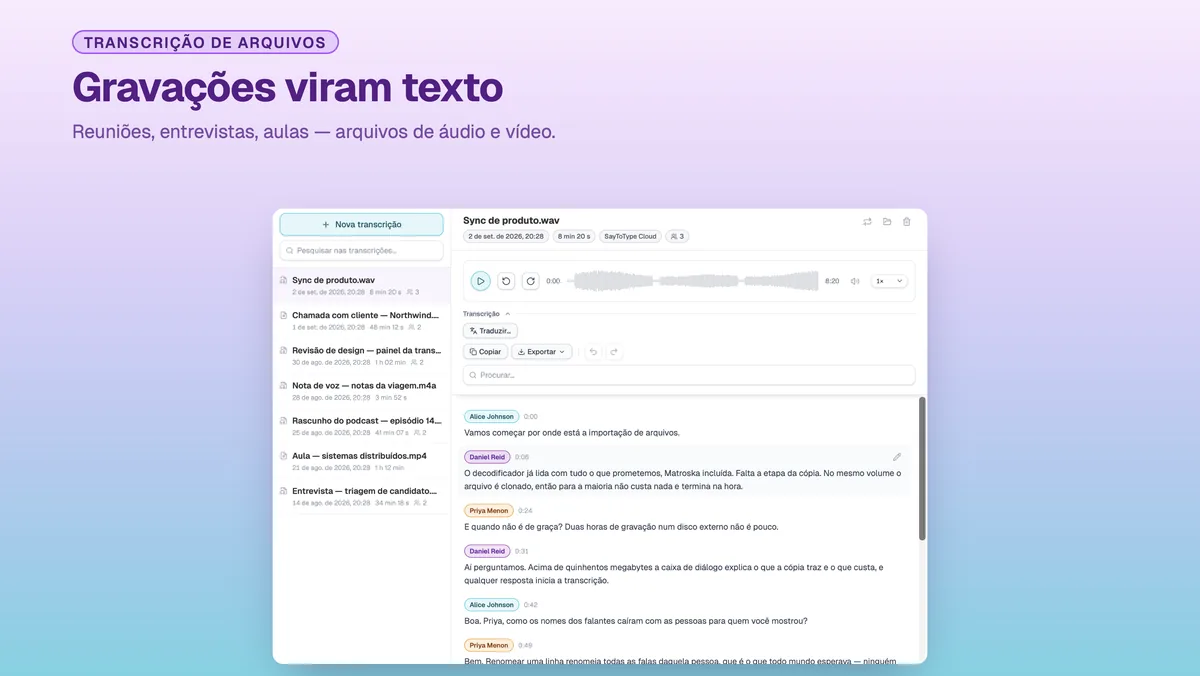 Janela de transcrição do SayToType com uma biblioteca de gravações transcritas