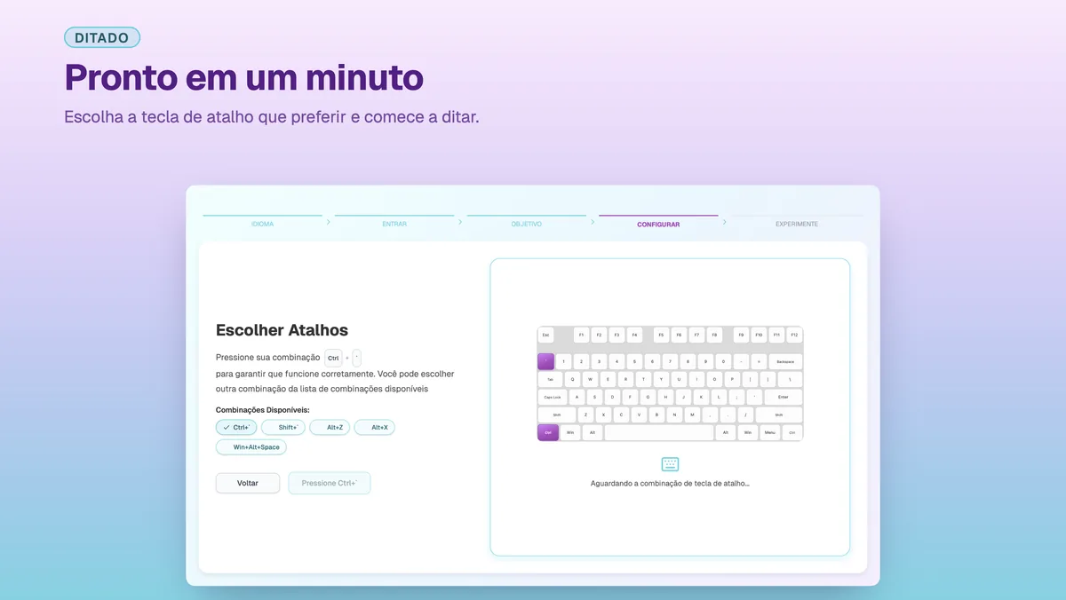 Ecrã de definições do SayToType para escolher o atalho de ditado