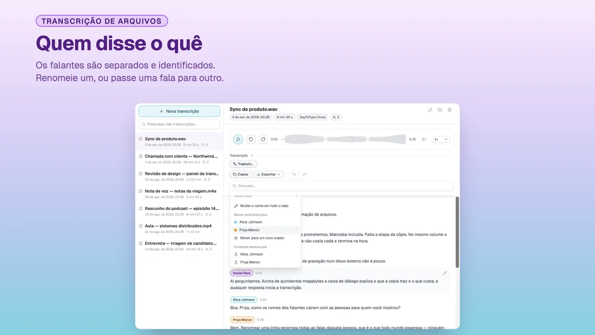 Etiquetas de falantes numa transcrição do SayToType, com o menu de renomeação aberto