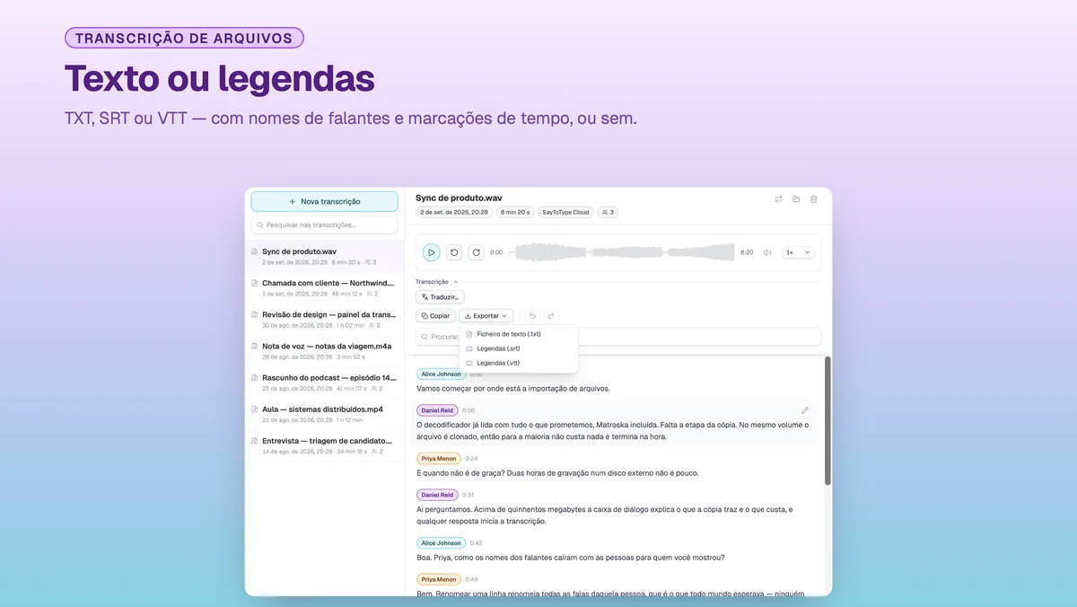Menu de exportação do SayToType: transcrição como TXT, SRT ou VTT