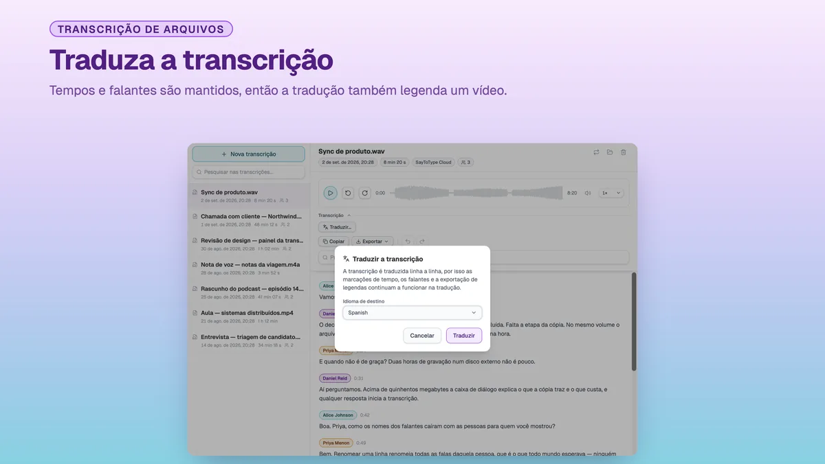 Caixa de diálogo do SayToType para traduzir uma transcrição terminada para outro idioma