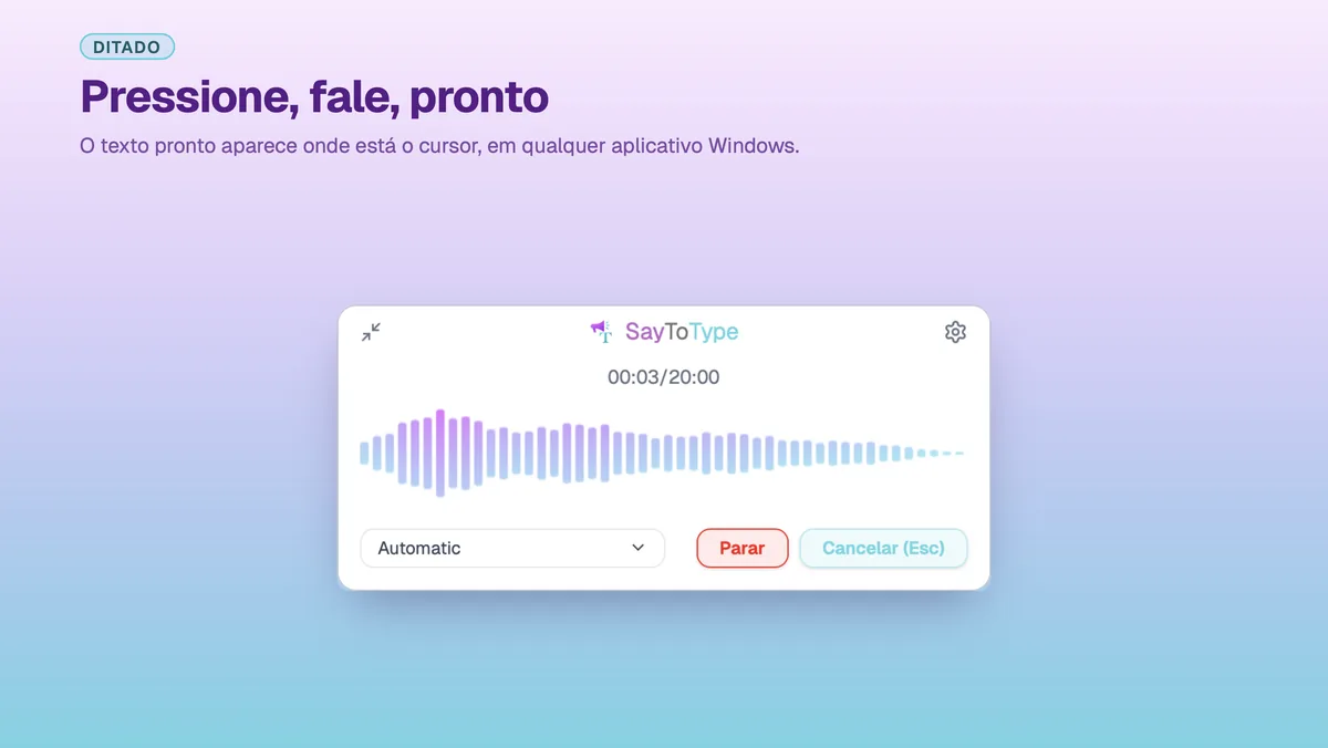 O SayToType insere o texto ditado na aplicação que está à frente